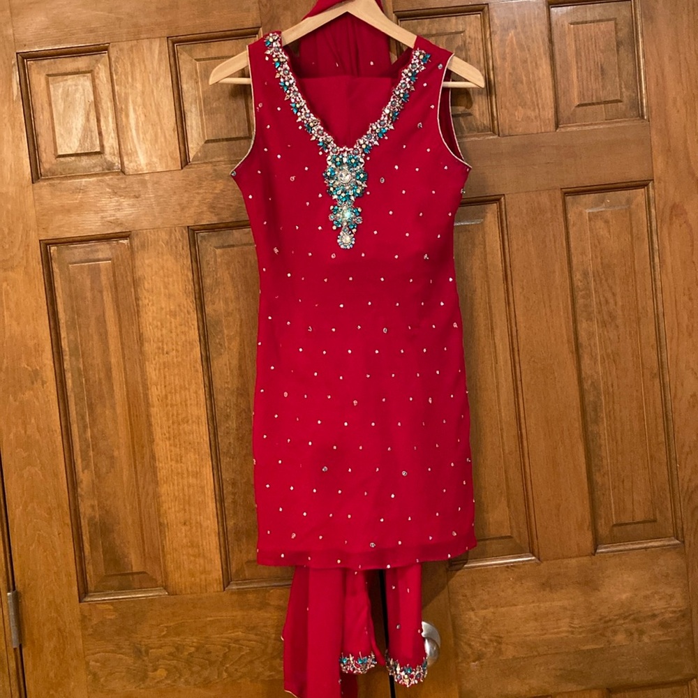 Red turquoise Churidar set